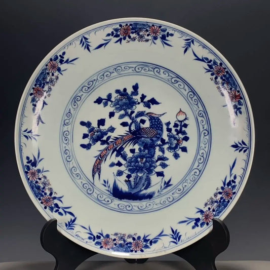 Antiker chinesischer Qing Kangxi Unterglasur-Blau-Rot-Phönix-Teller