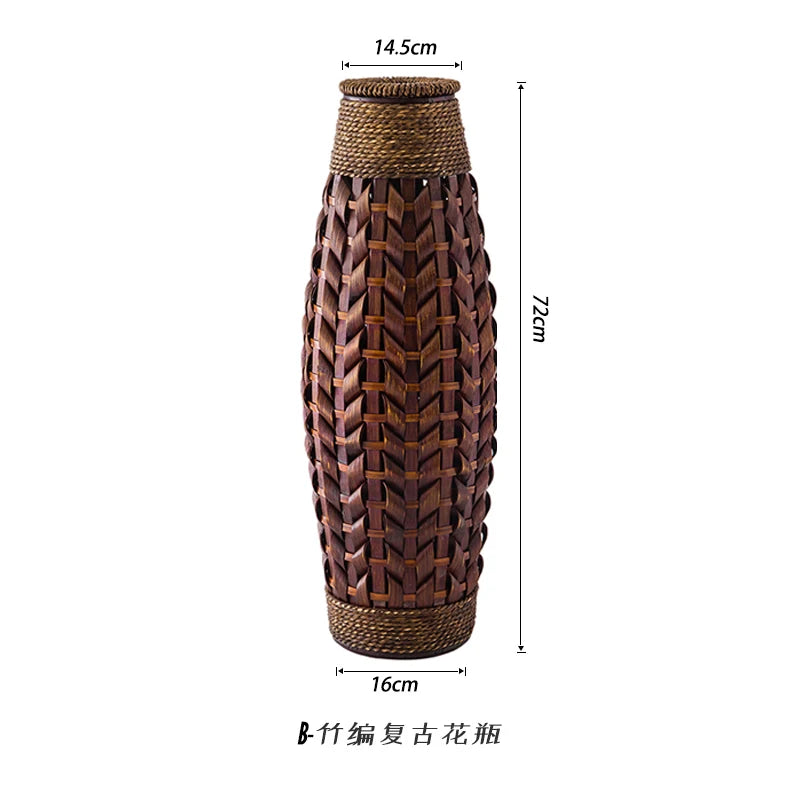 Retro Woven Rattan & Bamboo Glass Vase – Natural Dried Flower Basket