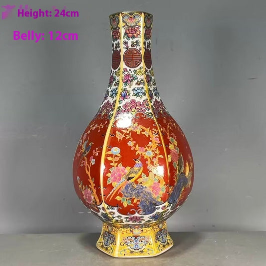 Keramikvase mit Emaille-Blumen und Vögeln