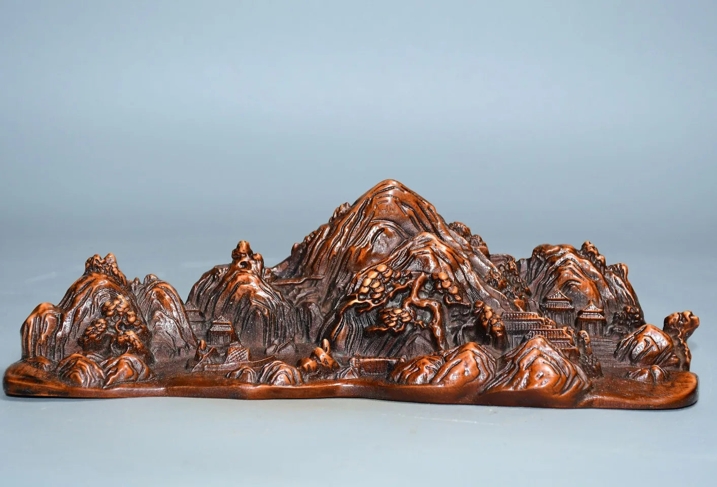 8"Tibetan Temple Collection Old Boxwood scenery Landscape sculptures Pine and Cypress land of idyllic beauty Pen Holder