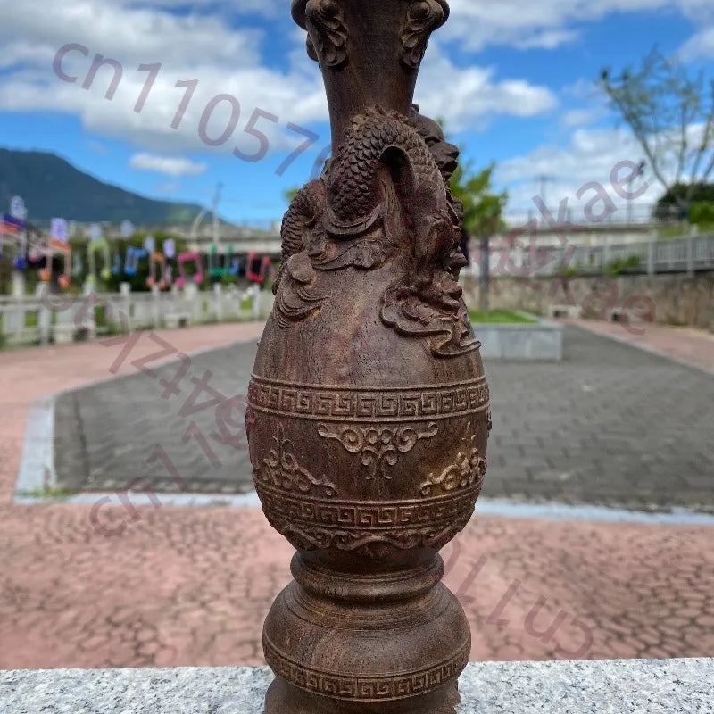 Hand-Carved Vietnamese Agarwood Dragon & Phoenix Vase - 10" Feng Shui Sculpture for Home Decor, Living Room, Office, Gifts