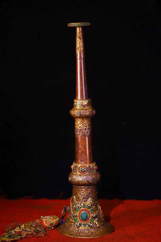 Tibetan Purple-Bronze Prayer Horn with Mosaic Gems & Gzi Beads
