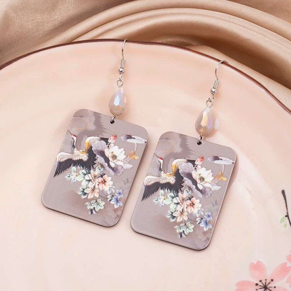 Chinese Crane Flower Dangle Earrings – 3D Printed Acrylic