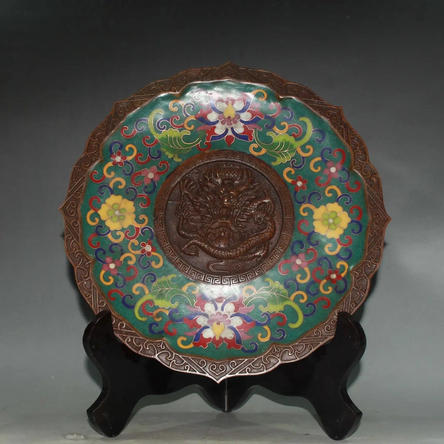 10"Tibetan Temple Collection Old Bronze Cloisonne Enamel Lotus pattern Dragon pattern Plate screen Ornament Town house