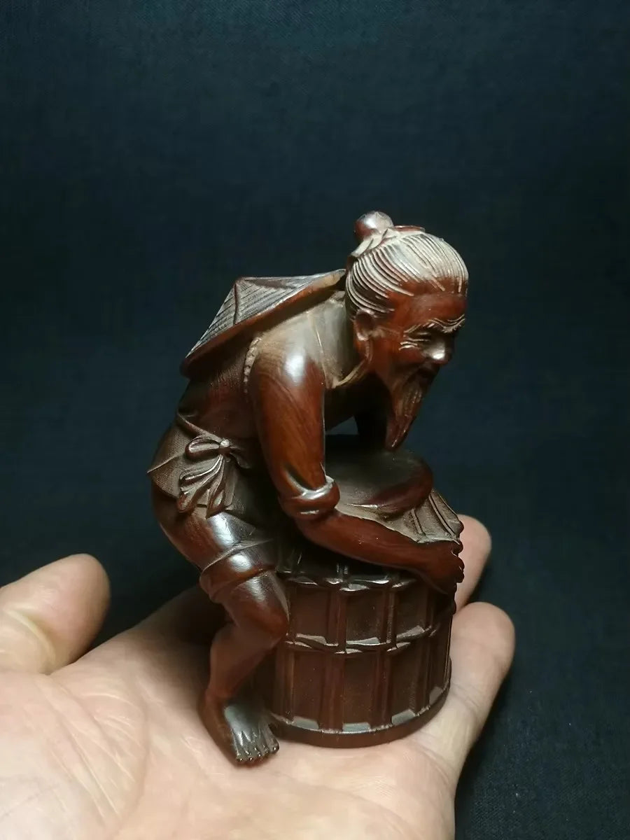 Size 4 Inch Old Japanese Boxwood Hand Carved Old Fisherman Figure Statue Netsuke Collectable