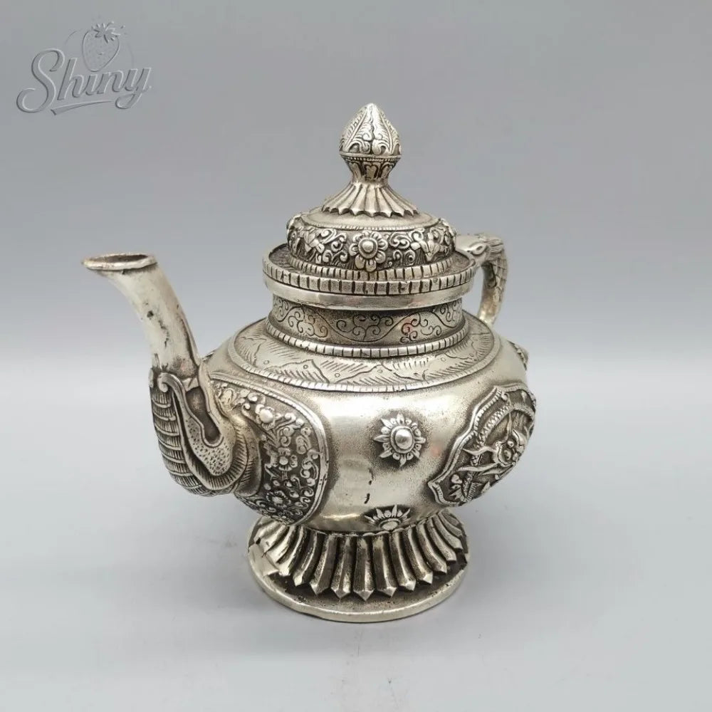 Exquisite alte chinesische Tibet Silber handgeschnitzte Drachenflasche / Teekanne