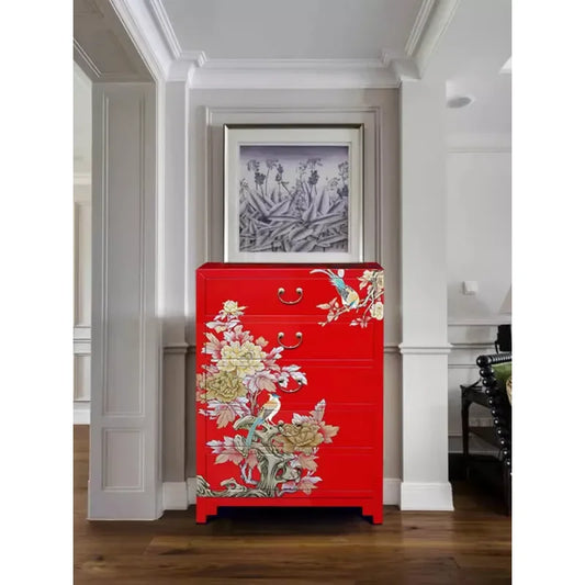 Yangzhou Hand-Painted Lacquer Floral & Bird Sideboard Cabinet