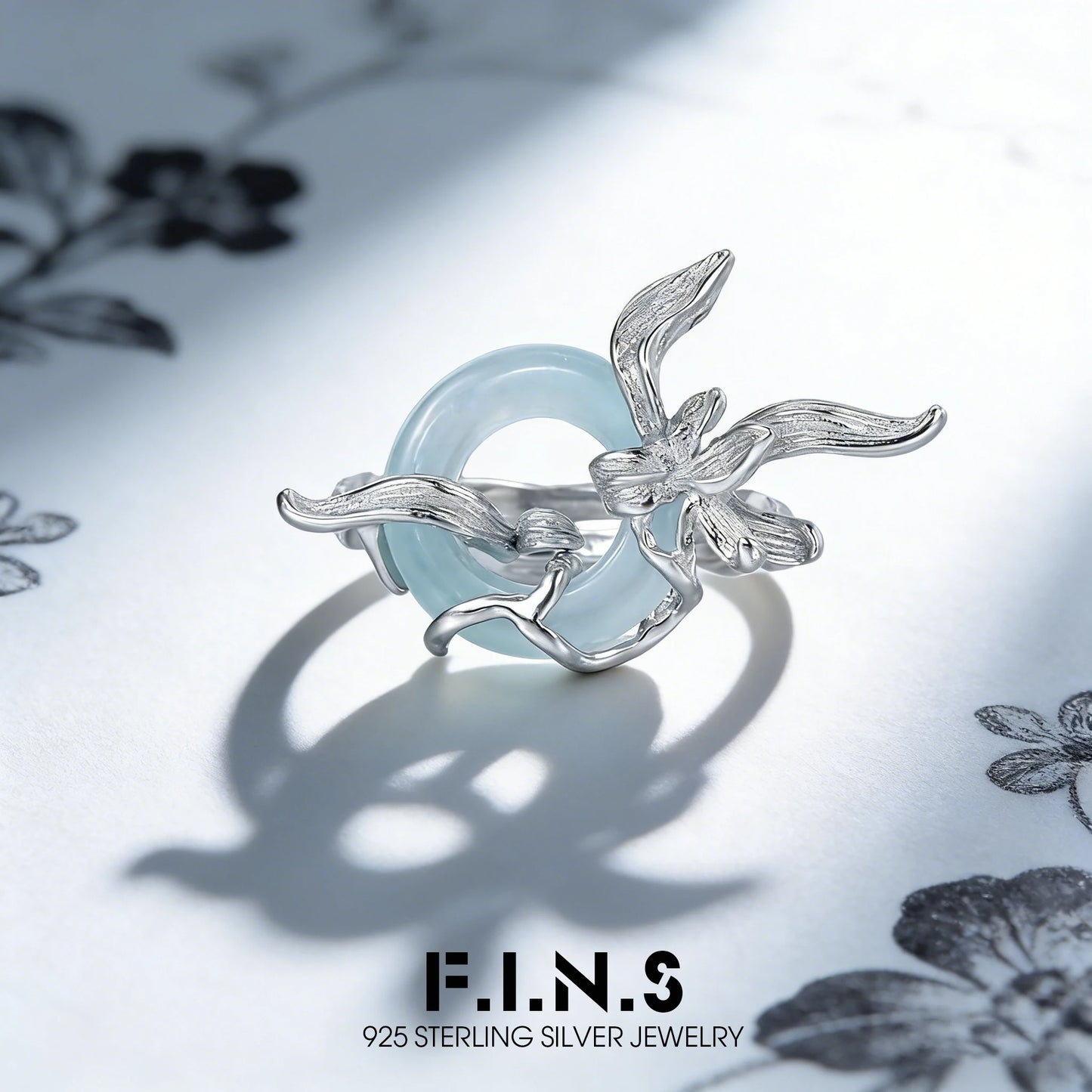 Sterling Silver Orchid Round Jade Adjustable Ring