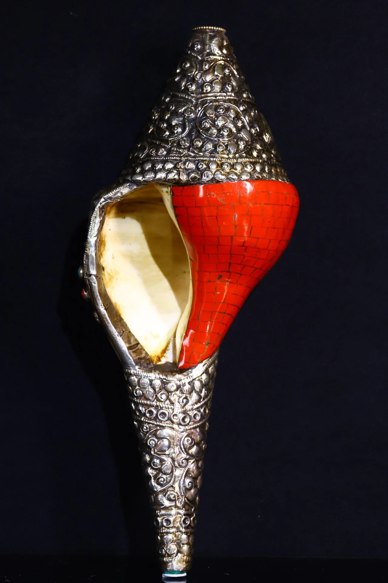 13"Tibetan Temple Collection Old Natural Conch Tibetan silver Mosaic Gem Turquoise Buddha Conch Worship Hall Town house