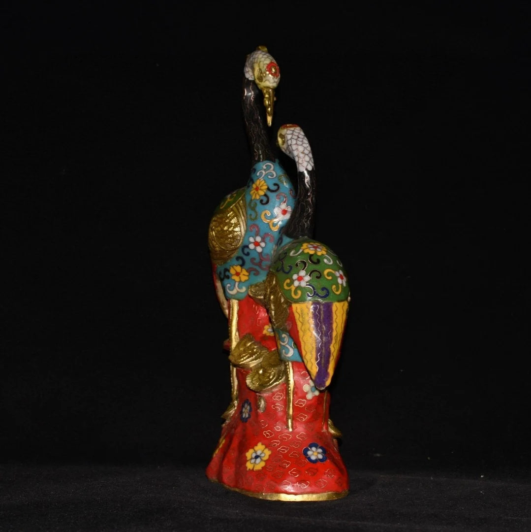 15" Tibet Tempel Sammlung Alt Bronze Cloisonne Emaille Doppelkranich Statue Mandschurenkranich Hundert Jahre Versöhnung