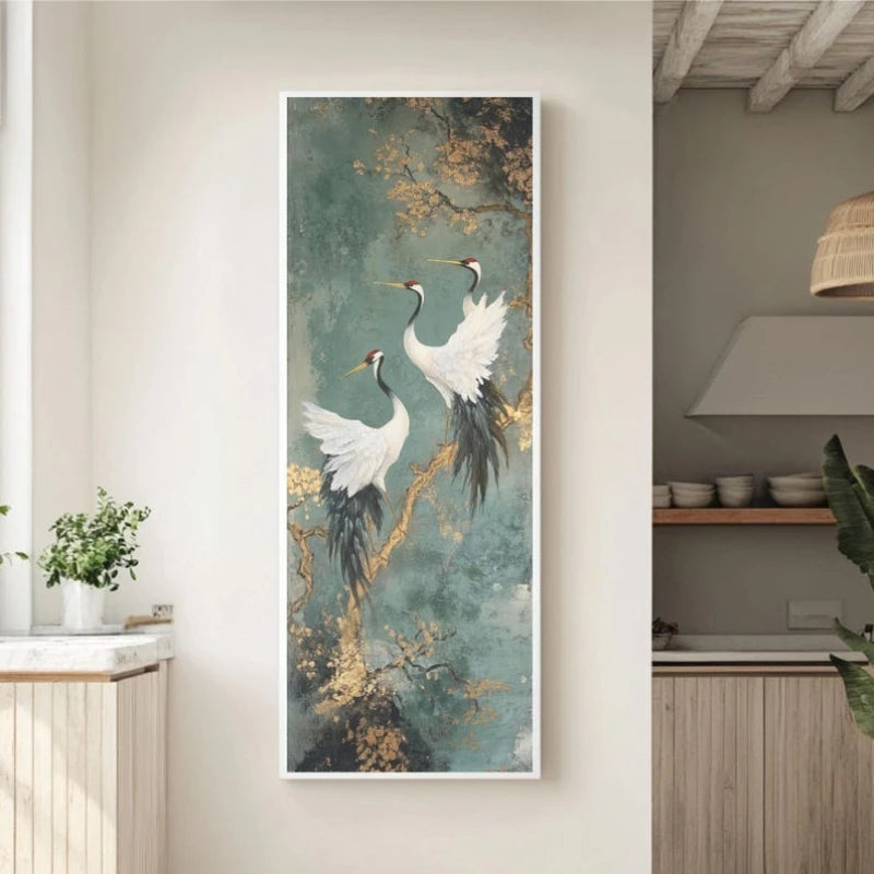 Japanischer goldener Kranich-Deko-Poster, luxuriöse Leinwandmalerei, vertikales rahmenloses Wandbild für den Eingangsbereich