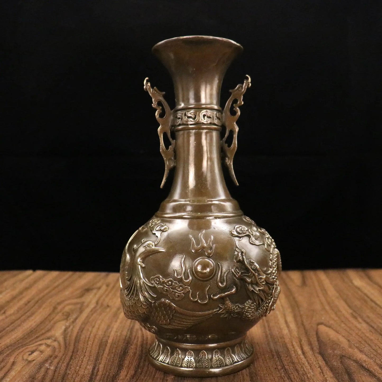 Tibetan Bronze Patina Dragon-Ear Dragon & Phoenix Vases (Pair, 11")