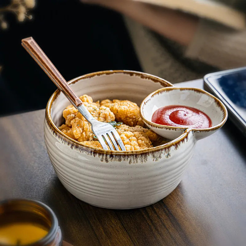 Japanese Ceramic Salad Bowl with Integrated Dip Cup – Reactive Glaze Serving Bowl