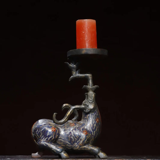 10" Tibetan Temple Collection Old Bronze Cloisonné Sika Deer Candle Holder