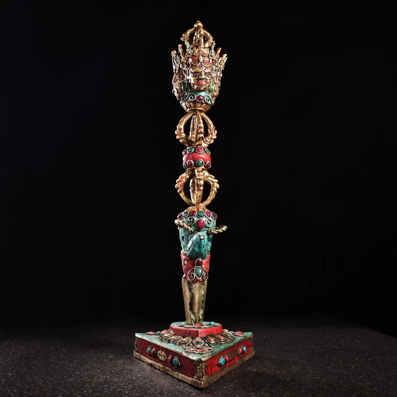16"Tibetan Temple  Collection Old Bronze Outline in gold Painted Mosaic Gem  Turquoise Hayagriva Dorje Vajra Phurpa Worship Hall