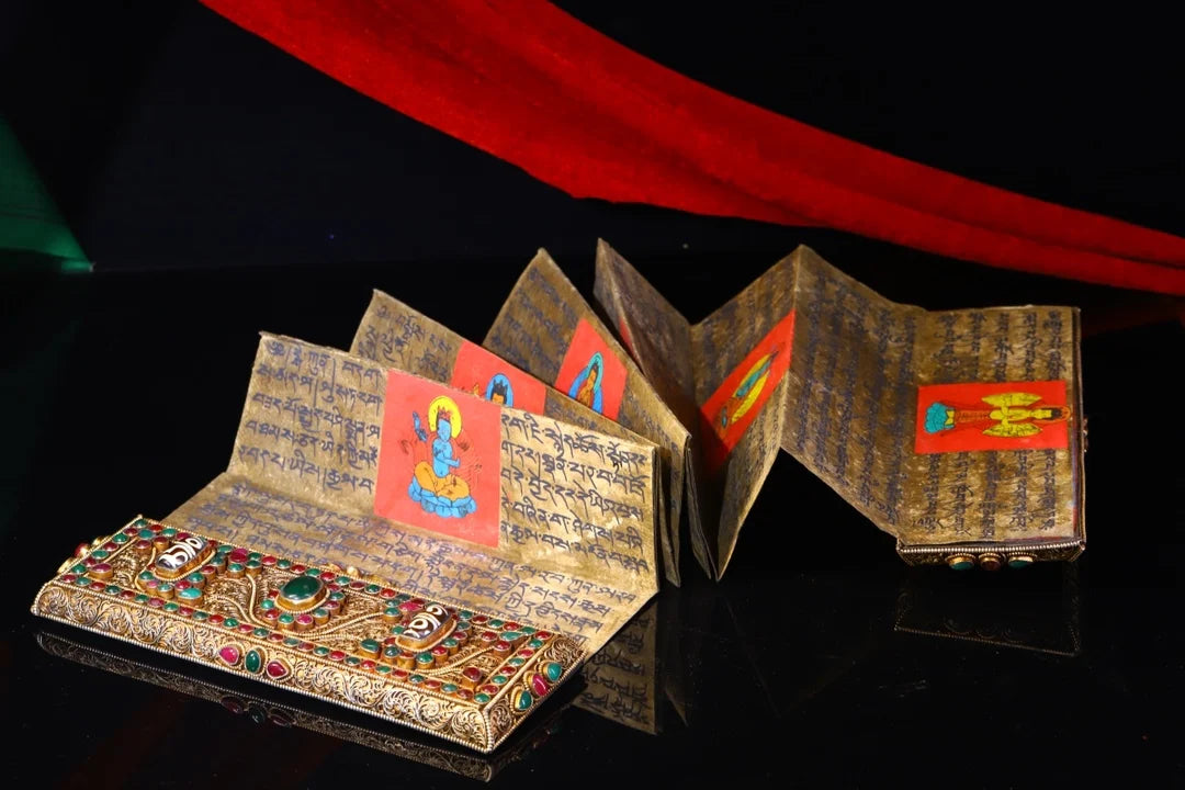 Tibetan Silver Gilded Mosaic Gem Scriptures Amulet (9")