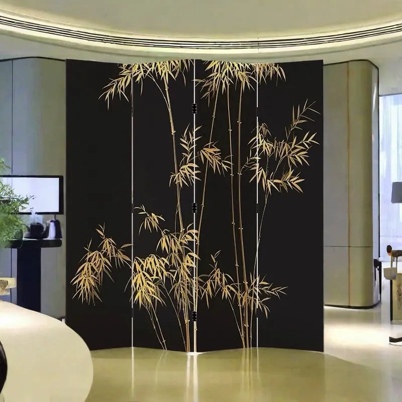 Hand-Painted Golden Bamboo Black Lacquer Folding Screen | 4-Panel Room Divider
