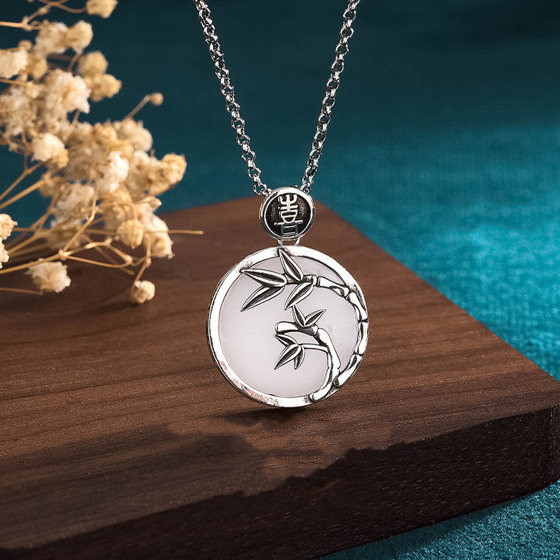 New Thai Silver Bamboo Design Ping An Hetian Jade Vintage Necklace