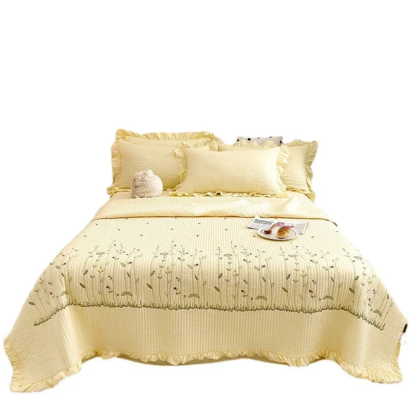 Korean Ruffle & Floral Embroidered Summer Quilt – Lightweight Cooling Bedspread & Coverlet
