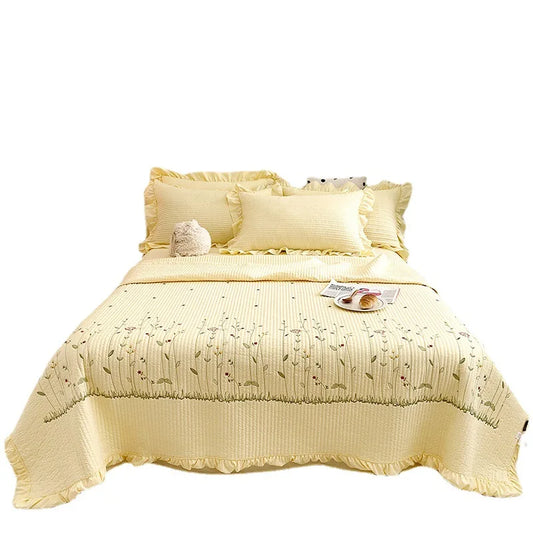 Korean Ruffle & Floral Embroidered Summer Quilt – Lightweight Cooling Bedspread & Coverlet