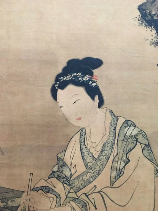 Chinesische Schriftrolle im Stil von Tang Yin „Gedichte auf roten Blättern“ – Tusche und Farbe auf Reispapier