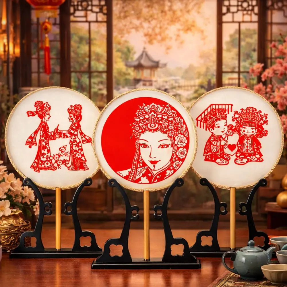 Traditional Vintage Chinese Paper-cut Fan Long Handled Artistic Silk Handheld Fans with Tassel Group Fan Wedding Party