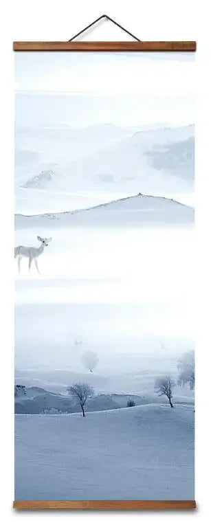 Chinese Style Snow Mountain Deer Bird Decorative Wall Art Canvas Poster in Blue and White