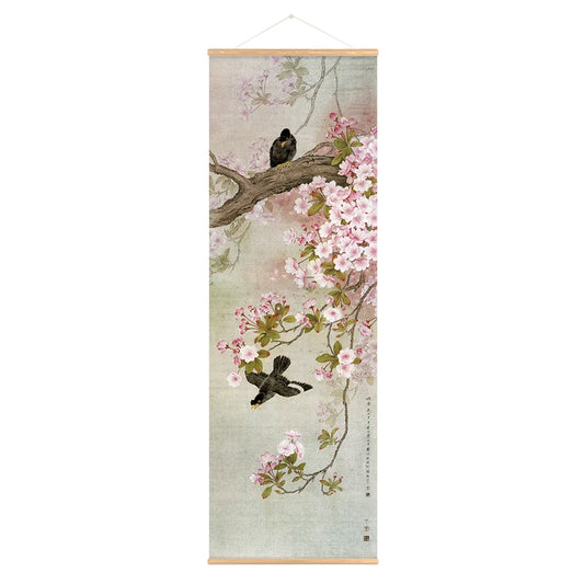 Póster artístico de pared enrollable de lona con diseño retro chino de flores y pájaros, pintura en rollo de paisaje natural de loto vintage para decoración de dormitorio u oficina