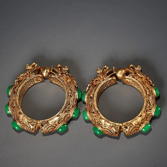 3" Tibetan Temple Collection Old Tibetan Silver Gilded Filigree Dragon Head Bracelets / Pendants Amulets, a Pair