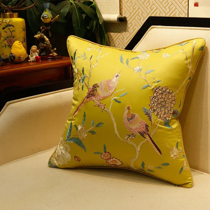New Chinese-Style Flower & Bird Embroidered Pillow Cover – Silk-Touch Lumbar & Square Cushion Case