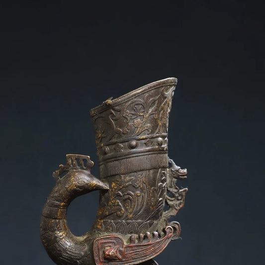 6" Tibetan Temple Collection Old Bronze Cinnabar Mud-Gold Phoenix Wine Cup / Jug
