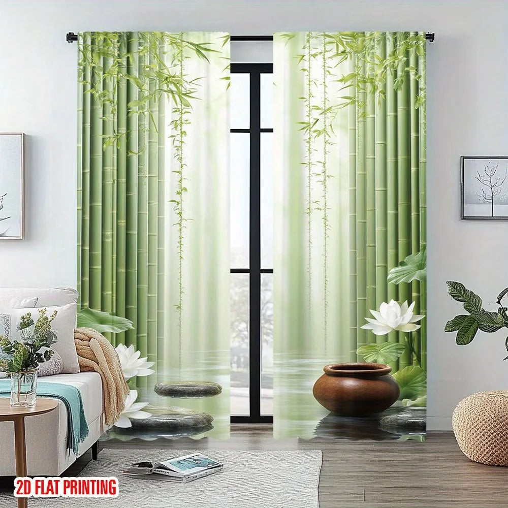 2-Piece Zen Botanical Window Curtains – Bamboo Forest & Lotus Flower Print