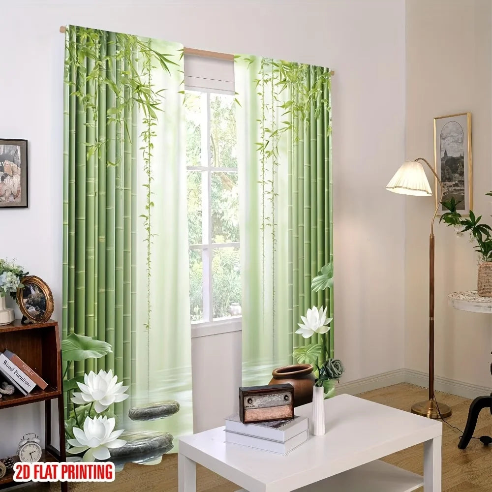 2-Piece Zen Botanical Window Curtains – Bamboo Forest & Lotus Flower Print