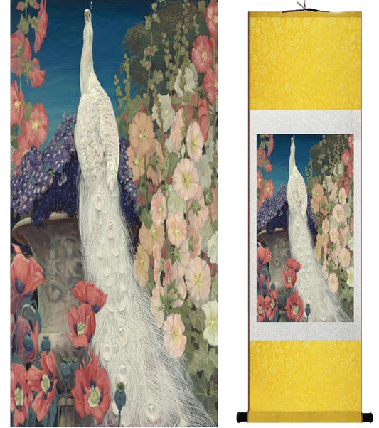 Peacock and Flower Painting – Chinese Scroll, Traditional Birds and Flower Painting (042102)
