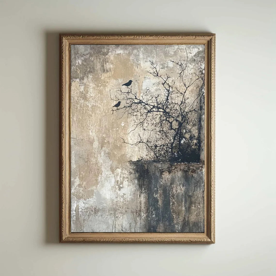 Ruhige Wabi-Sabi Vogel-Wandkunst – Strukturiertes Natur-Bild