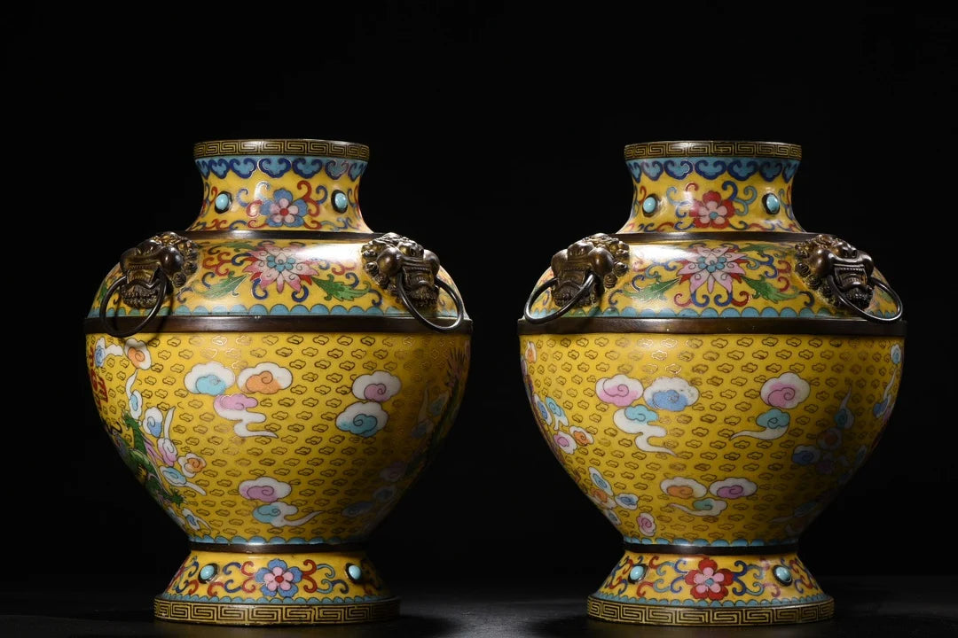 Tibetan Bronze Cloisonné Dragon & Phoenix Vases (Pair, 12")