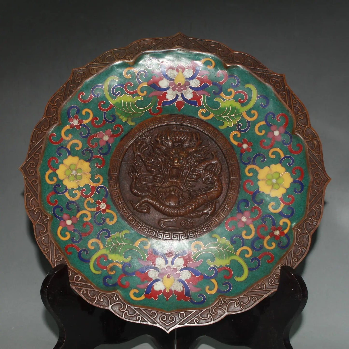 10"Tibetan Temple Collection Old Bronze Cloisonne Enamel Lotus pattern Dragon pattern Plate screen Ornament Town house