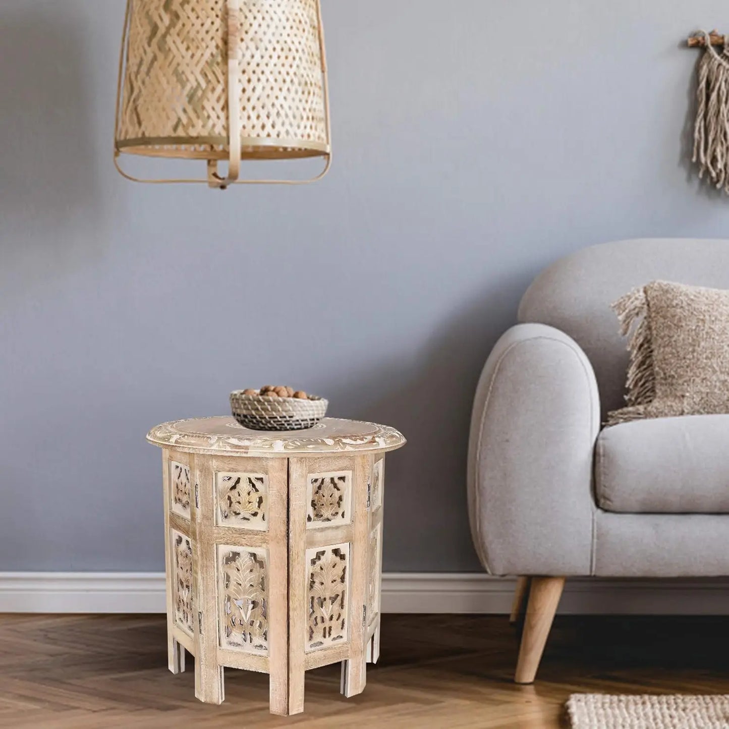 Wooden Coffee Table, Round End Table, Hand-Carved Side Table – 18" Octagonal, White Wash