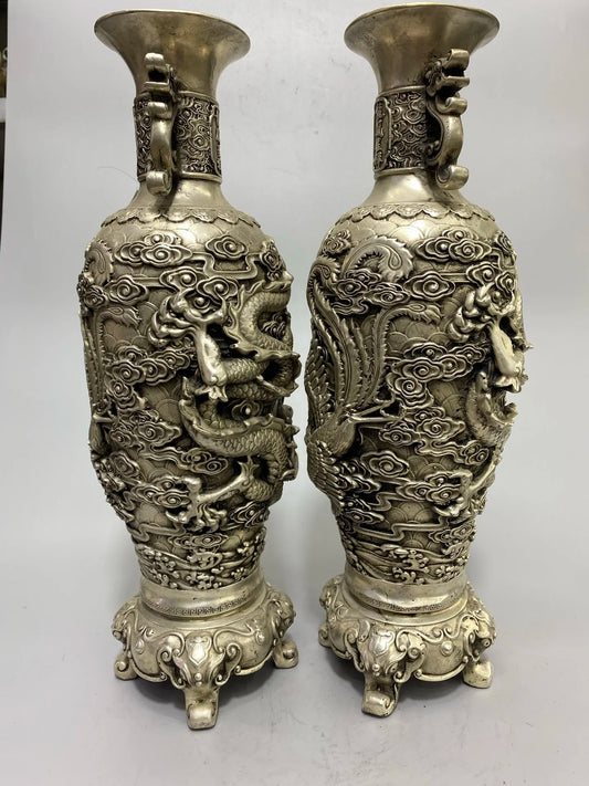 Tibetan Temple Vintage Bronze Pixiu Ear Vase – Gilded Silver Dragon & Phoenix (15")