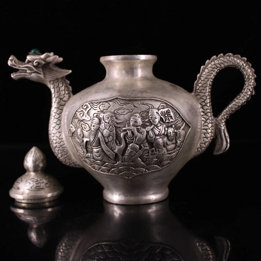 7"Tibetan Temple Collection Old Bronze Gilded Silver Mosaic Gem Eight Immortals Painting Dragon mouth flagon kettle teapot