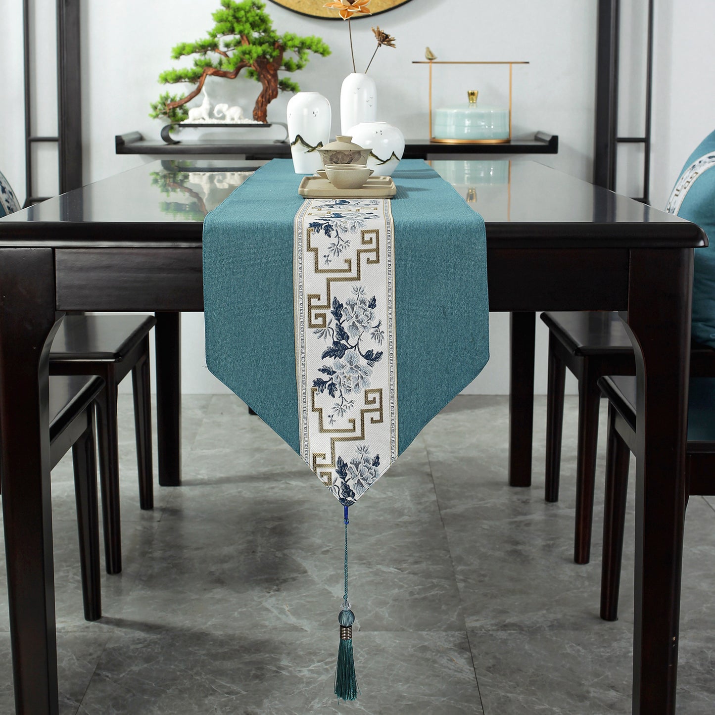 Chinese Table Runner with Floral and Zen Pattern