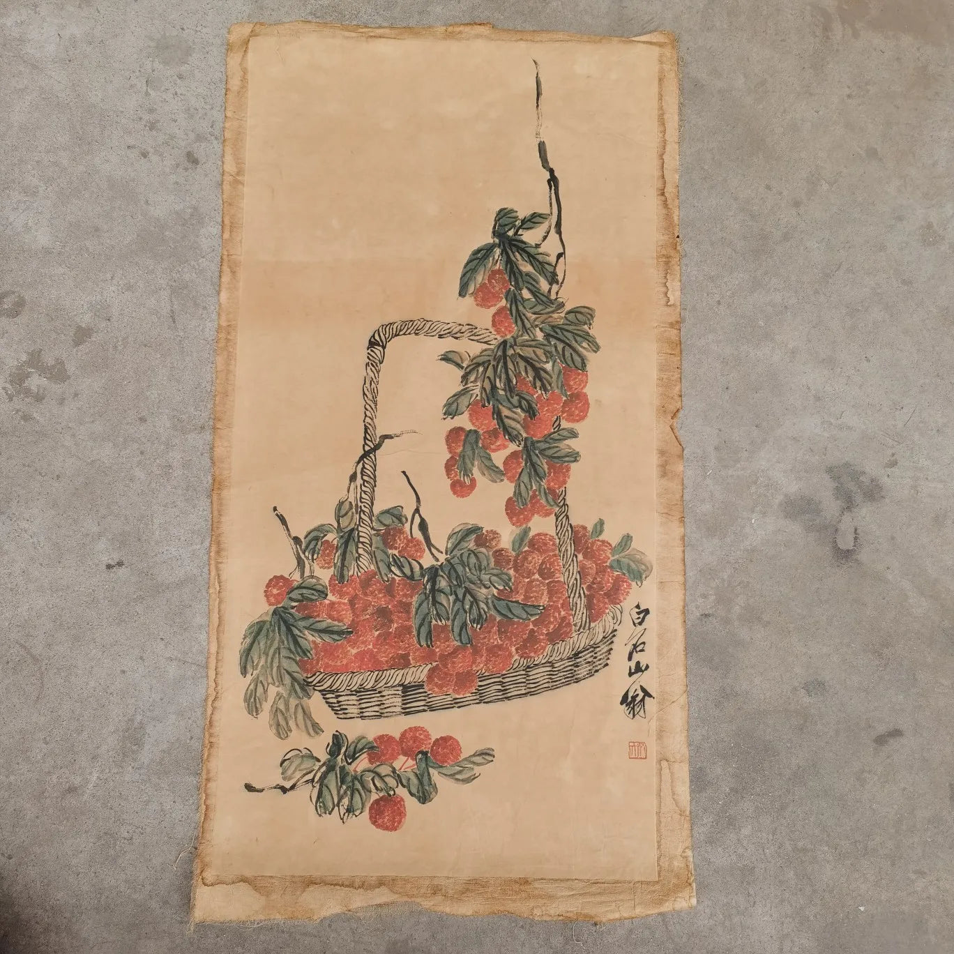 "Picture of Fruitfulness" Flower Basket Scroll Painting – After Qi Baishi (50 × 95 cm)