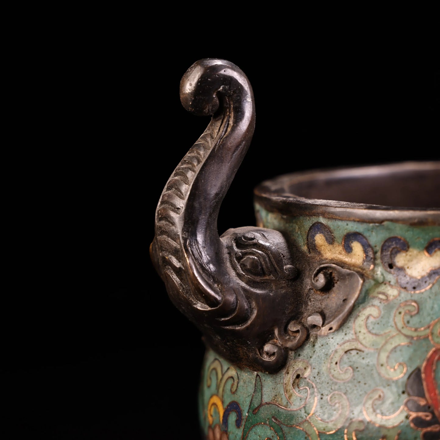 7"Tibetan Temple Collectio Old Bronze Cloisonne Enamel Lotus pattern Elephant Head Ear Smoker Incense Burner Town house