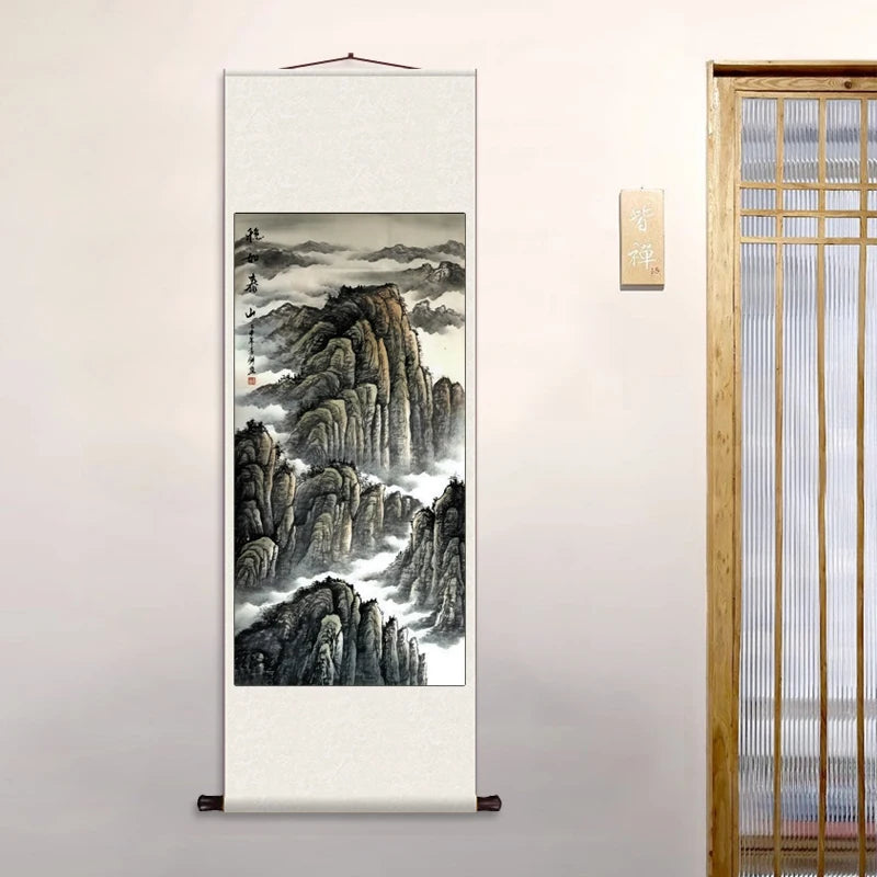 Silk Scroll Decoration Hanging Painting, Landscape Paintings Office Scroll Paintings There Is A Mountain Map Behind The Entrance