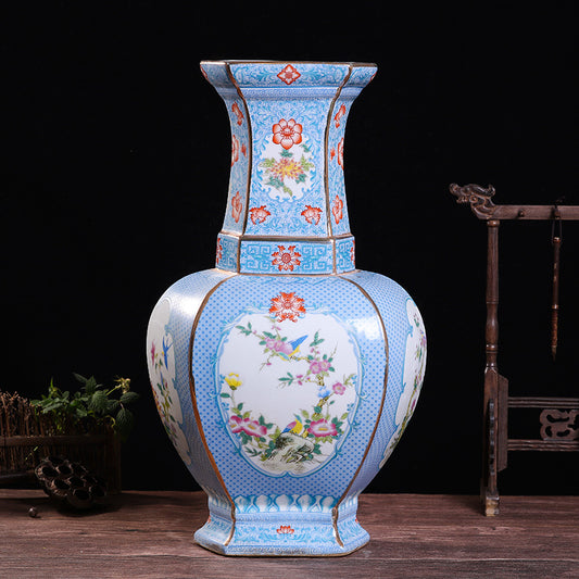 Sechseckige Emaille-Porzellanvase mit Blumen- und Vogelmuster
