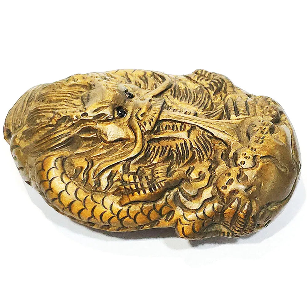 RS260, 2" Hand Carved Japanese Boxwood Netsuke, Dragon Pendant Figurine, 2 Dragons in One Sculpture, Small Ornaments