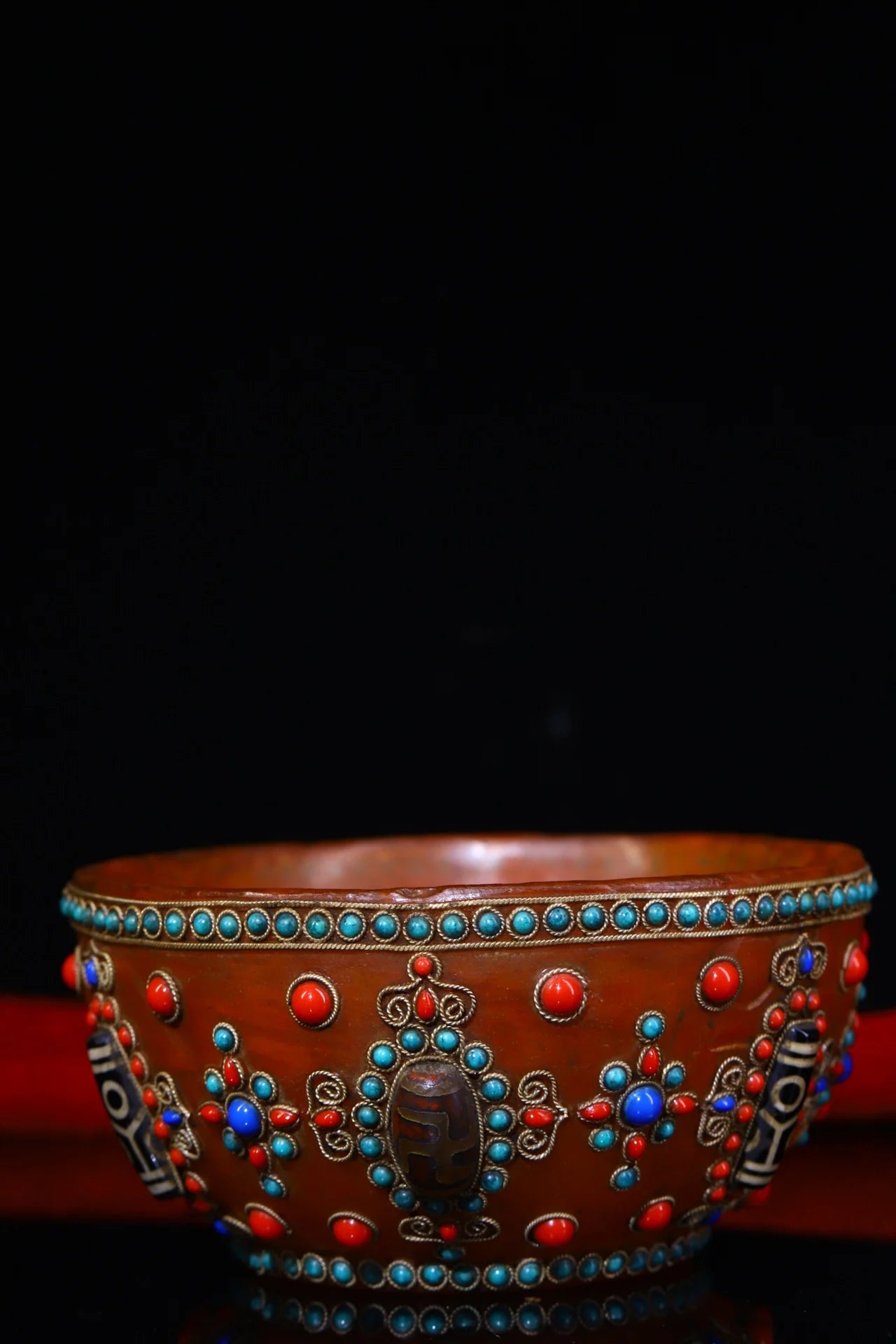 Tibetan Crystal Mosaic Gem gZi Bead Buddha Bowl (5")