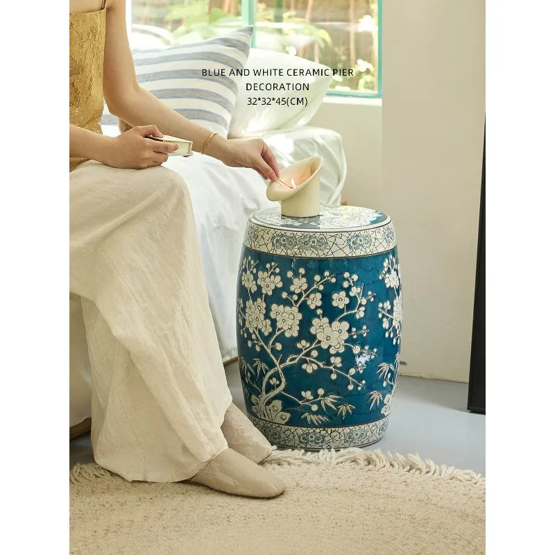 New Chinese Hand-Painted Blue & White Porcelain Drum Stool | Plum Blossom Side Table