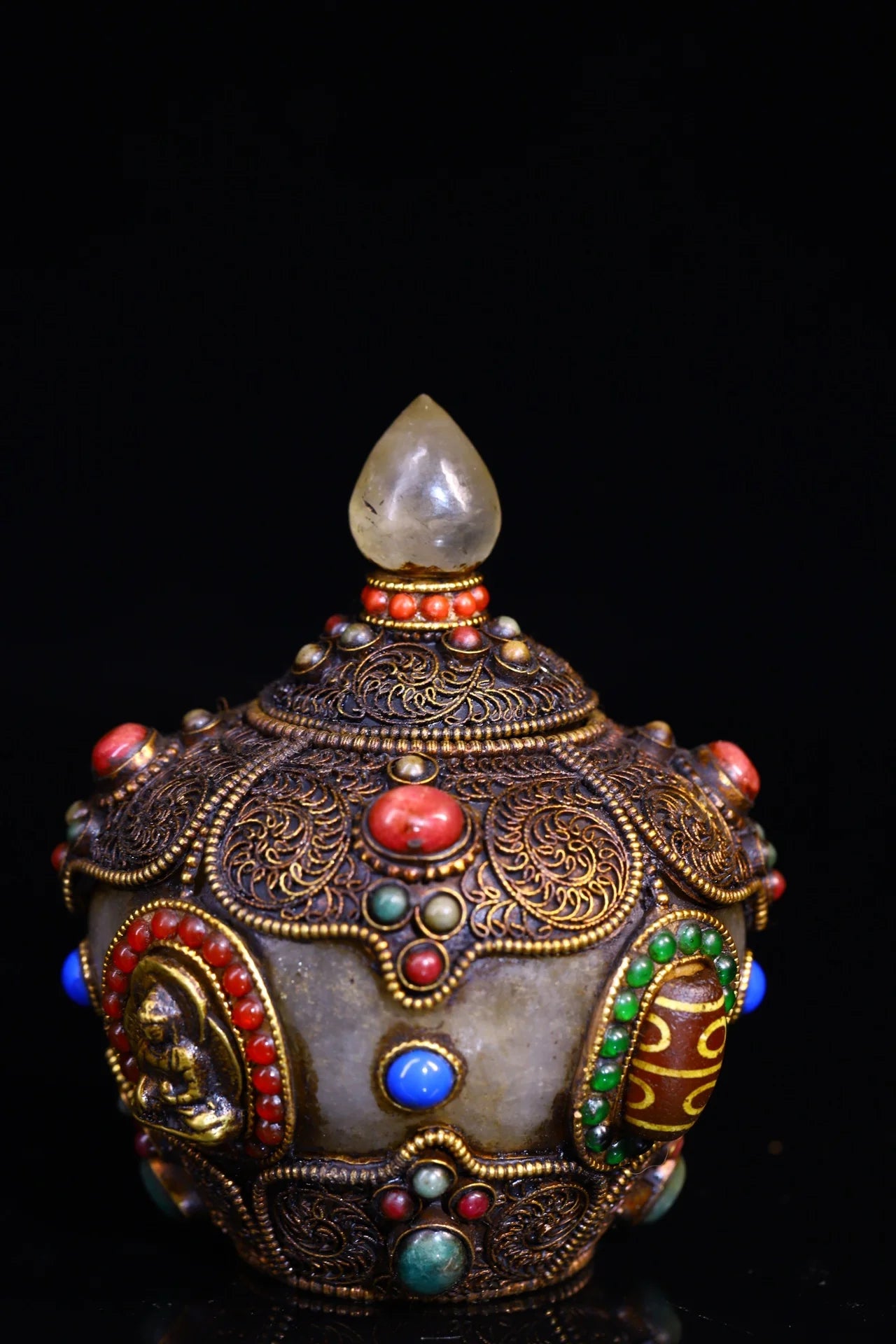 4" Tibetan Crystal gZi Bead Buddha Relics Jar – Asian Home Decor Amulet