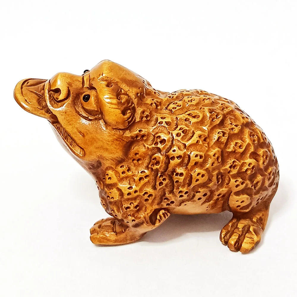 RS504, 2" Hand Carved Japanese Boxwood Netsuke, Wealthy Toad Figurine, Frog Sculpture, Small Ornaments